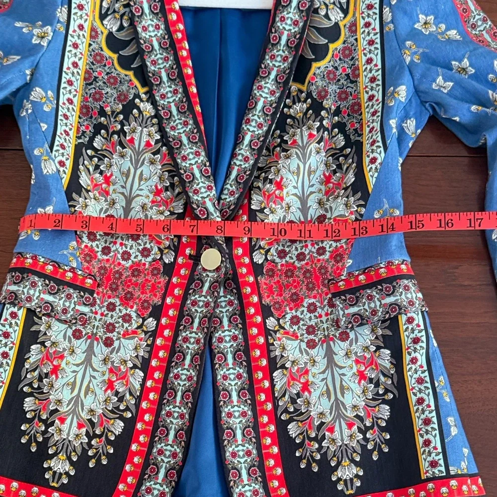 Alice + Olivia Macey Linen Blazer Floral Scarf Print Blue Red Size 2 - Picture 12 of 16